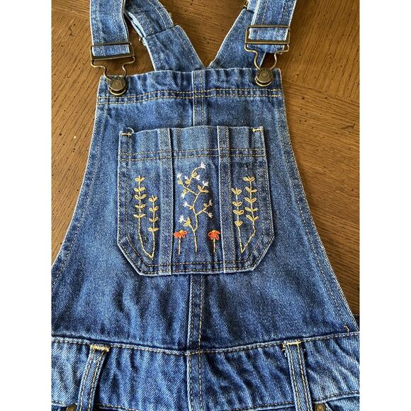 BLUE SPICE Dark Wash Ripped/Distressed Denim Overall Jumper Short Dress Sz 3 - Picture 2 of 9